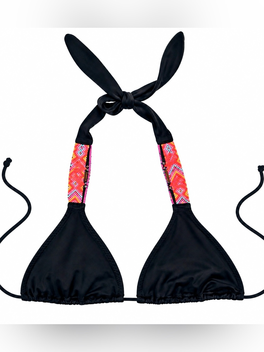 Black Halter Bikini Top - Neon Stitched Straps - Women Swim